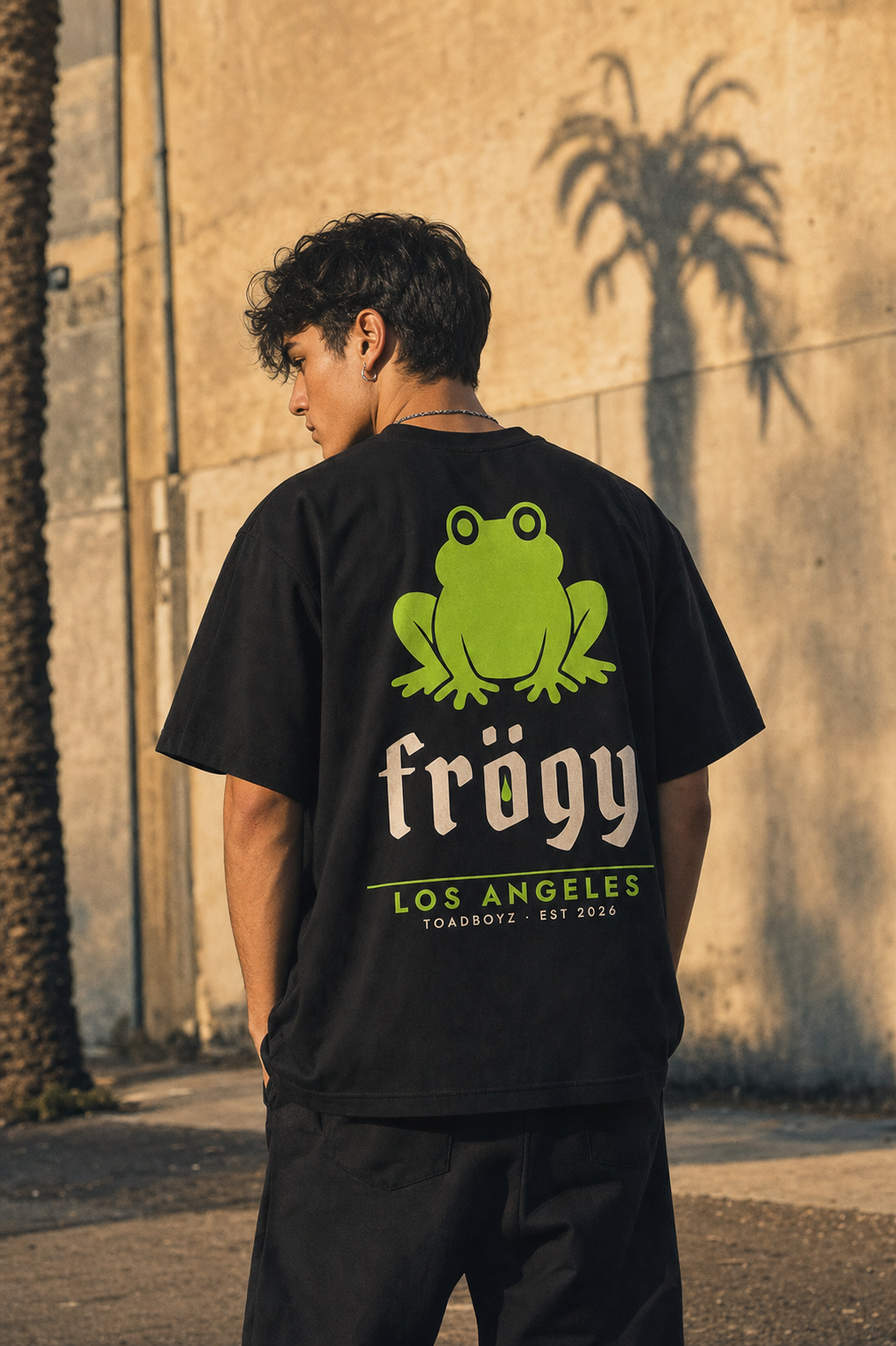 Frögy LA back tee lifestyle. Los Angeles golden hour.